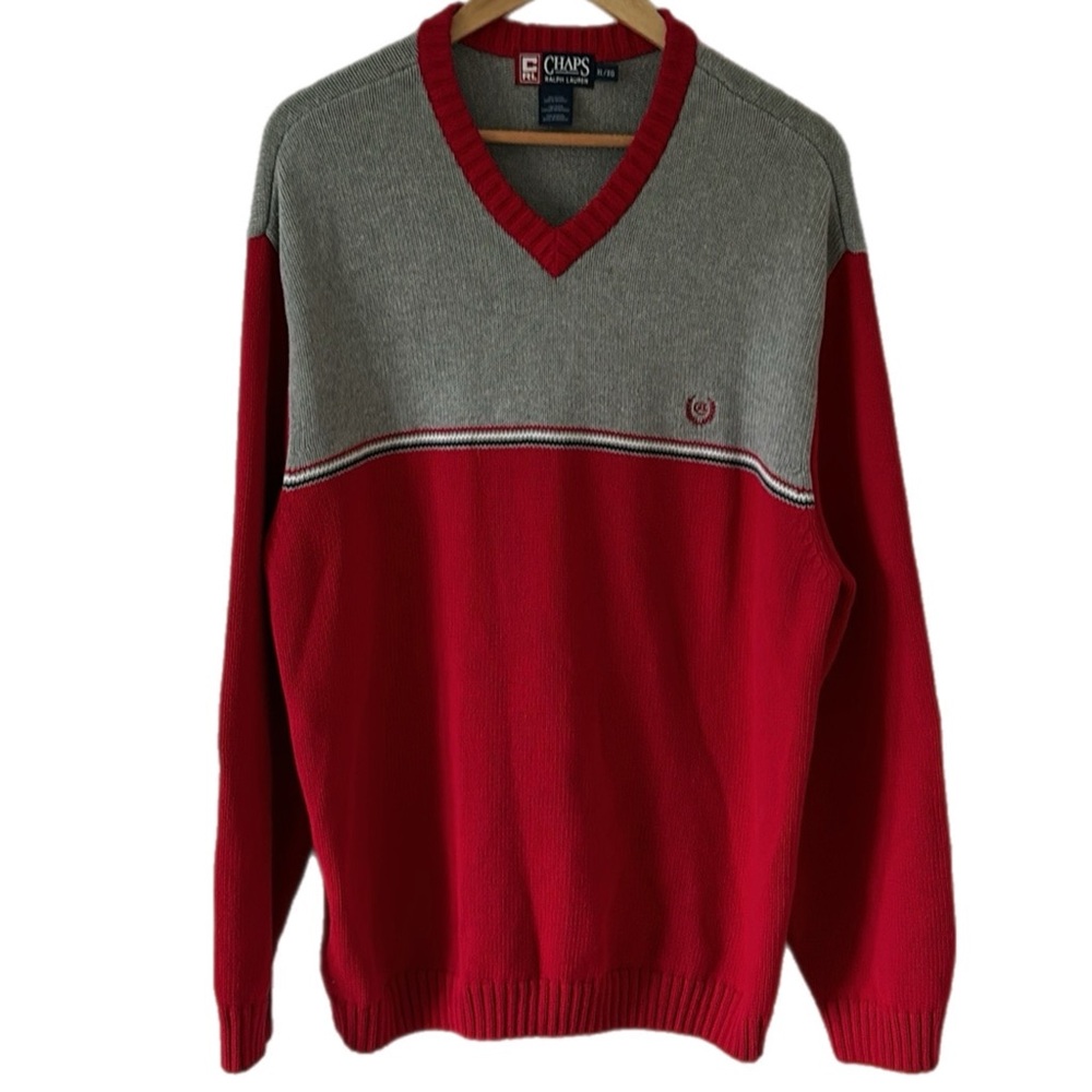 Vintage Chaps Ralph Lauren Color Block V-Neck Cotton Sweater